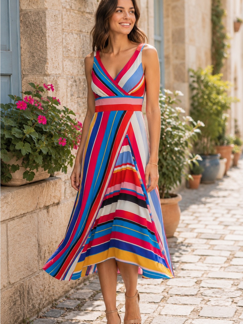 Tracy Reese x Anthropologie Arma Striped Wrap Look Midi Dress Sz 8